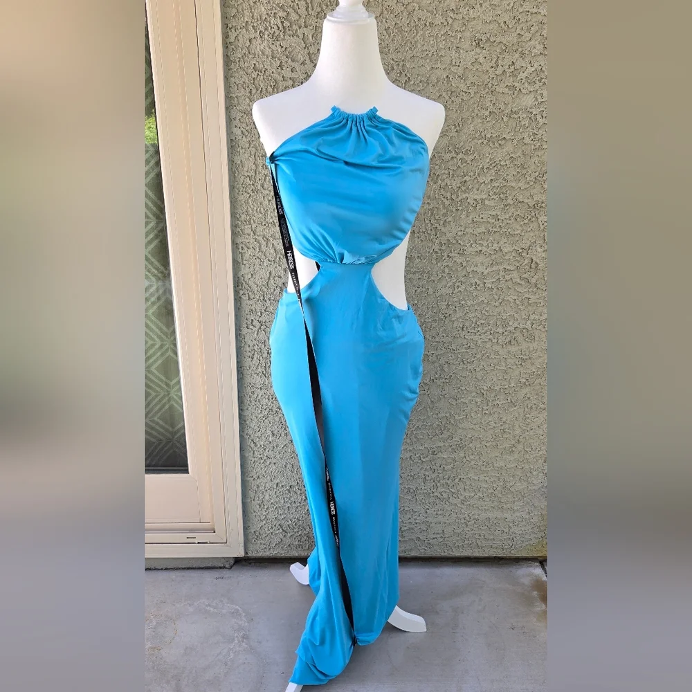 Heiress Beverly Hills Aqua Halter Cutout Evening Dress - Picture 2 of 11
